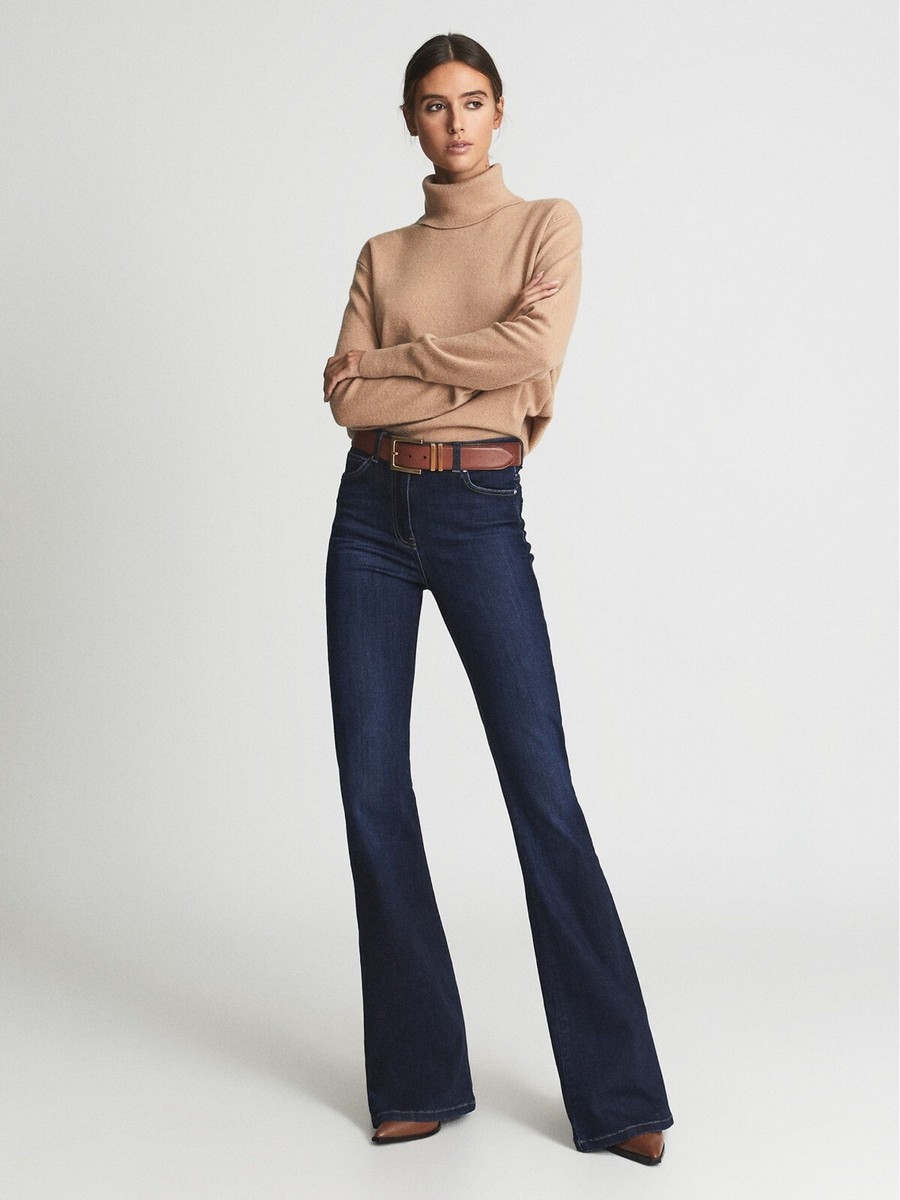 REISS Women's High Rise Skinny Flared Stretchy Denim Jeans Dark