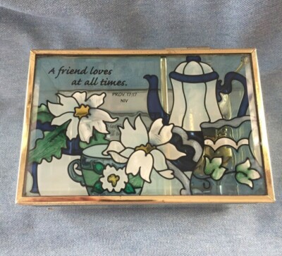 STAINED GLASS LOOK ''TEA TIME''  MUSIC BOX JOAN BAKER DESIGNS 4x6