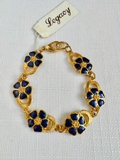 Vintage 1990s Gold Plated Enamel Flower Chain Bracelet Black BNWT Made in UK