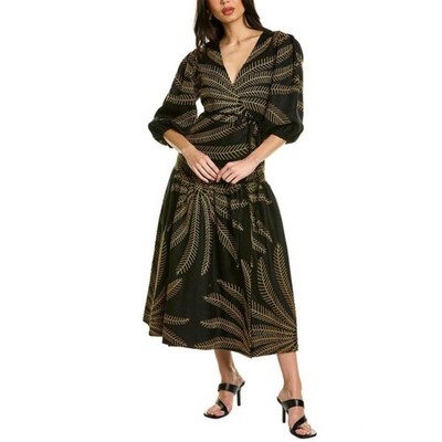 Alexis Blisse Linen Wrap Dress Safari Breeze Black Yellow Palm Embroidered S NEW
