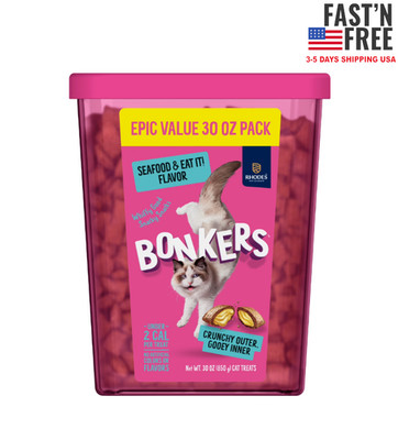 BONKERS Bites Seafood & Eat It Flavor Crunchy & Soft Treats for Cats, 30oz Tub 