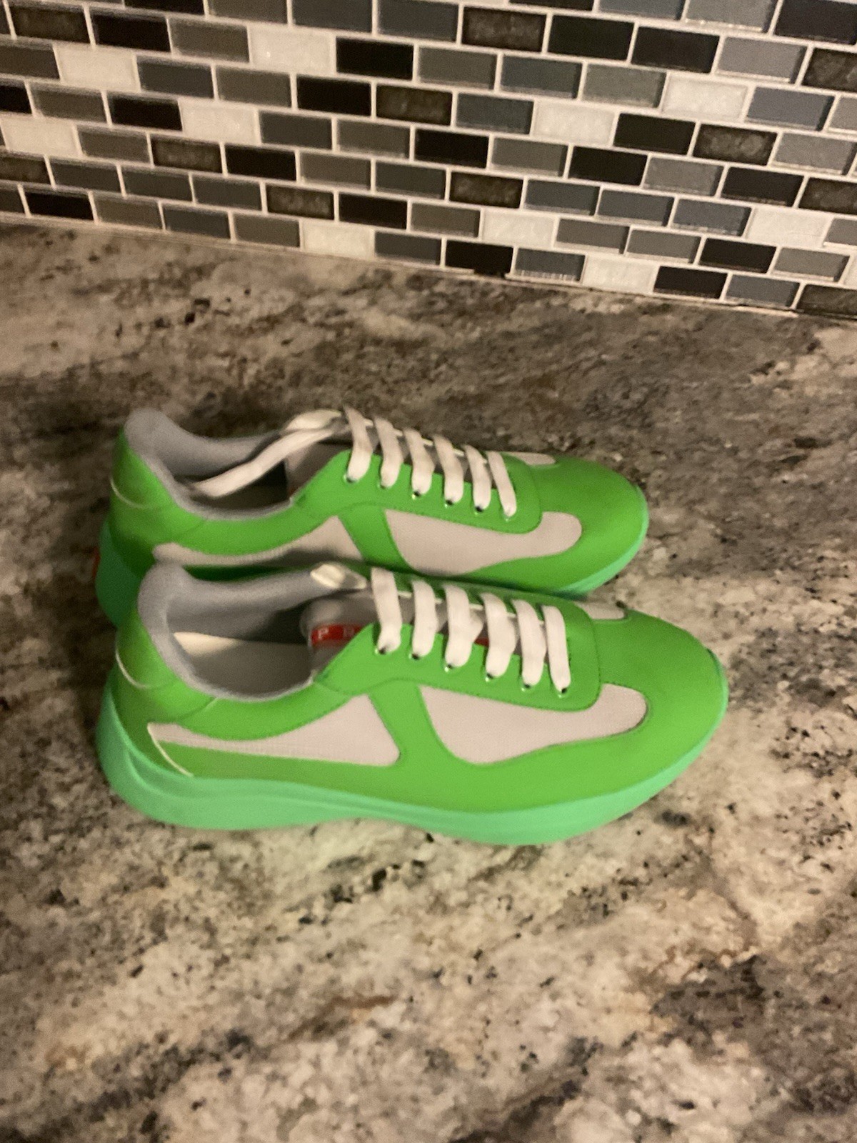 PRADA Men's Green White Gray Athletic Sneakers with Red Heel Accent thumbnail 2