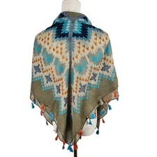Southwestern Style Multicolor Tassel Shawl Scarf Wrap Blue Tan Aztec Bohemian SW