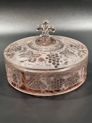 Pink Fostoria Grape Leaf Brocade Covered 3-Part Fleur-De-Lis Candy Jar Glows