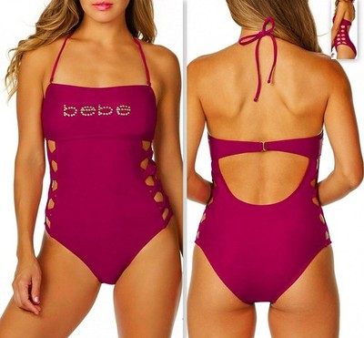 BEBE Strappy One Piece Swimsuit Bathing Suit Strappy Bandeau Pink $118 Large L