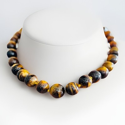 Lucas Lameth Genuine Tigers Eye Graduated Bead Necklace 925 Sterling Silver 16 