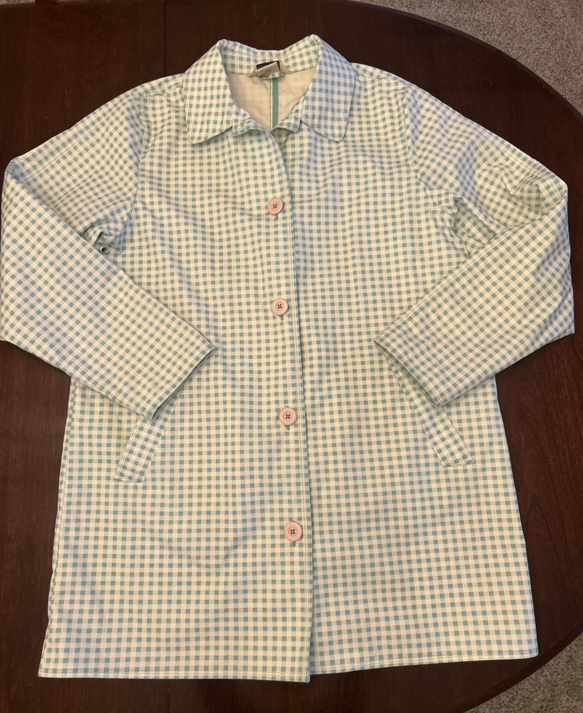 LL Bean Women's Sz M Jacket Green Ivory Checked Button Up 100% Cotton Pockets