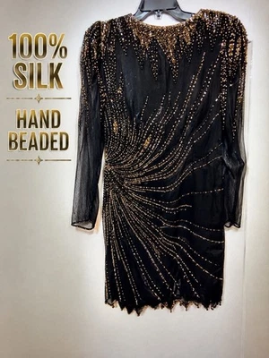 Vintage Black Gold Hand Beaded 100% Silk Dress Gatsby Art Deco Evening 10 - Image 1 of 4