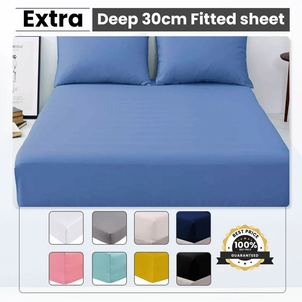 INDUS TEXTILES Extra Deep 30cm Fitted Bed Sheet Soft Luxury Bedding 4FT Single Double King
