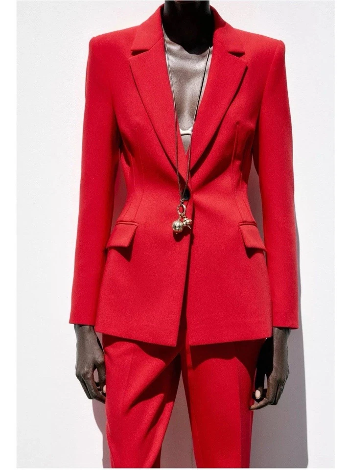 ZARA NEW WOMAN RED FITTED TAILORED BLAZER JACKET AND MATCHING TROUSERS Size M - Image 4 of 4