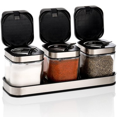 3 Pack Glass Seasoning with Tray, Clear Condiment Canister with 18/10 Stainle...