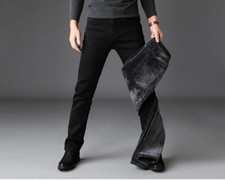 Winter Men Fleece Lined Denim Thermal Jeans Pant Stretch Straight Leg Trousers
