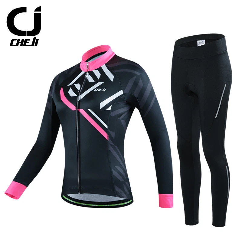 CHEJI зимняя велосипедная одежда женщин тепловой флис Велоспорт Джерси и брюки комплект - Изображение 2 из 4