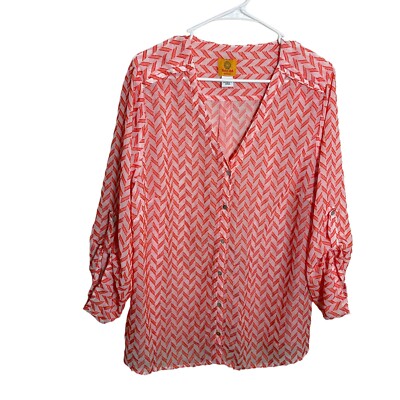 Ruby Rd Blouse Women's 16W Orange Chevron V-Neck Button Up V-Neck Sheer Shirt
