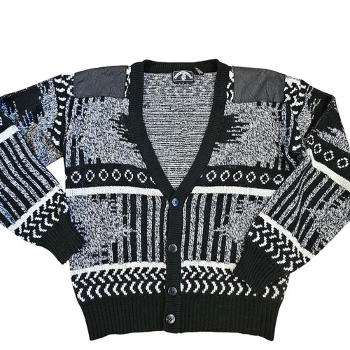 Vintage 80s Mens Medium Grandpa Cardigan Geometric Black White Leather Patches