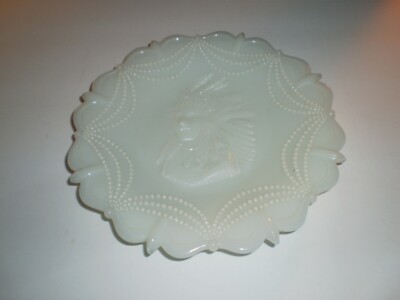 Milk Glass Plate w/ Embossed Image of Native American Chief (7  diameter)