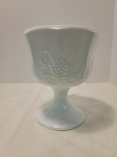 Vintage Colony White milk glass candy dish with grapes and leaves, Goblet 6.5"