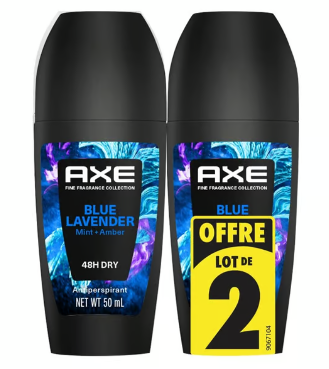 2 Déodorants AXE BLUE LAVENDER Collection Parfum Anti-odeur + ZINC Roll-on Bille