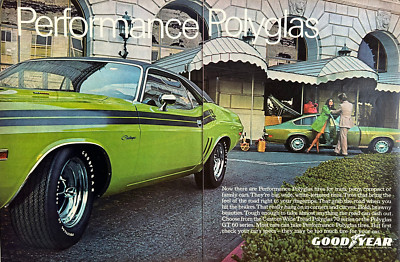 Vintage 1970 Goodyear tire Dodge Challenger R/T original color ad D017
