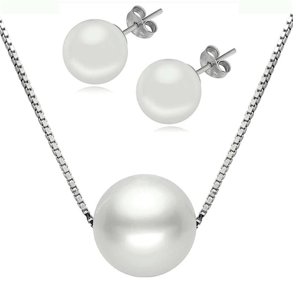 PERLEN SCHMUCKSET 925 STERLING SILBER PLATTIERT HALSKETTE PERLE KETTE OHRRINGE