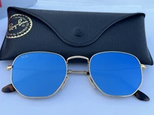 NEW Ray-Ban RB3548N 001/90 Arista HEXAGONAL / Light Blue Mirror Sunglasses 51mm