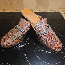 Patricia Nash Tilly Multi Color Brown Tooled Leather Mule Shoes Size 6.5/36.5