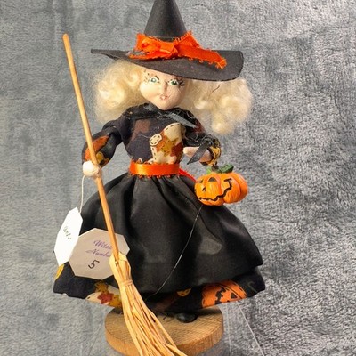 Handmade Halloween Witch Doll on Wood Base Broom Pumpkin Signed Annette