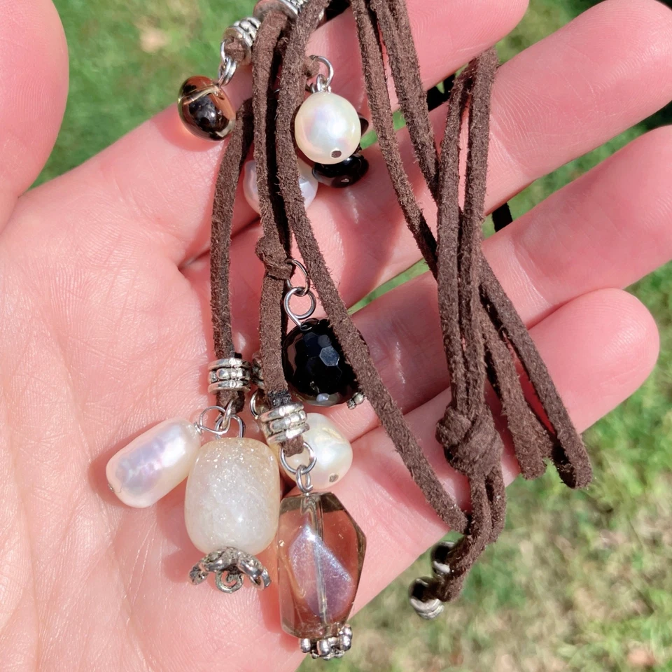 Collar largo de perlas de agua dulce de piedras preciosas de colección espinela cuarzo turmalina gamuza boho Foto 4 de 4