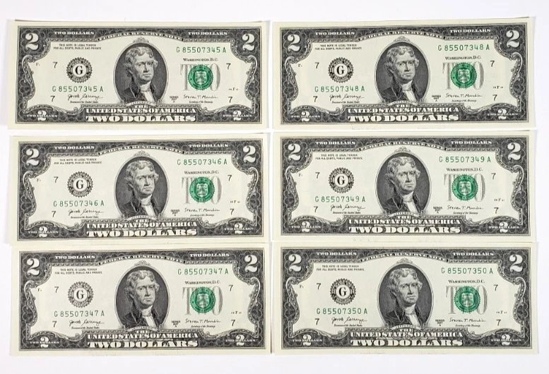 6 Consecutive Serial Number Series 2017A  US $2 Dollar Bills Uncirculated - Image 2 of 4