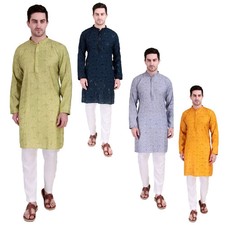 Men  s Pure Cotton Sequin Embroidered Kurta Pyjama Set Traditional Wedding Outfit