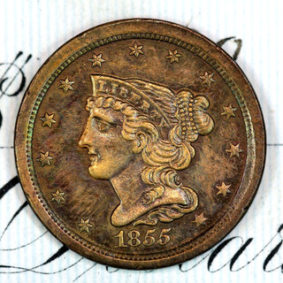1855 C 1 SOLID GEM BU MS BRAIDED HAIR HALF CENT FROM ORIGINAL COLLECTION