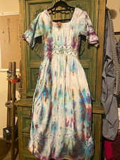 Vintage 60s Tie Dye Crochet Lace Square Neck Short Sleeve Maxi A-Line Zip Dress