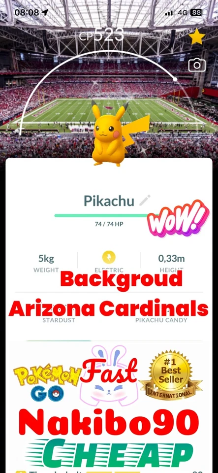 Pokemon✨Shiny Pikachu Arizona Cardinals Baseball Background✨Tra De✨P'TC✨