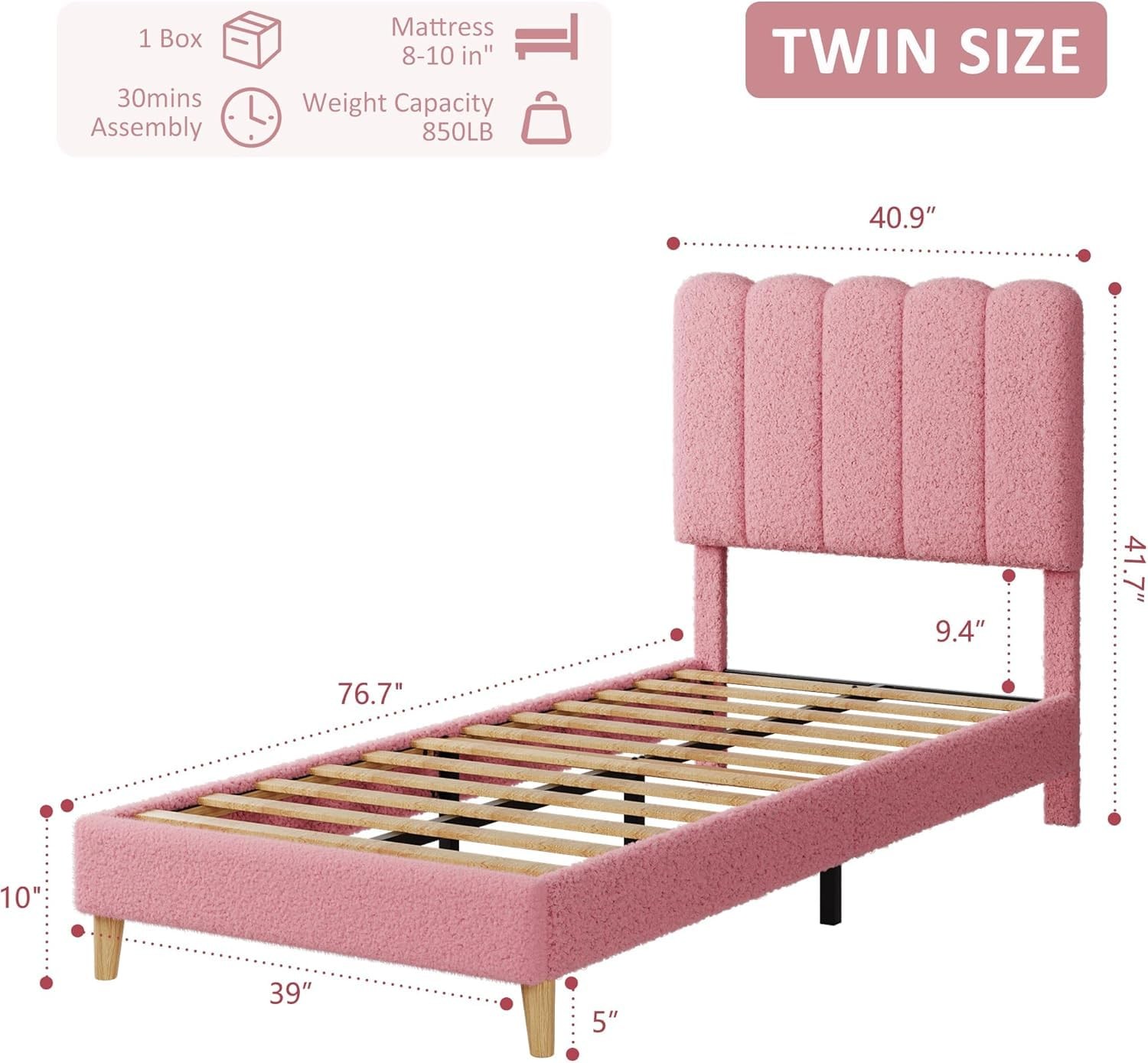 Twin Bed Frame with Wave Headboard, Boucle Upholstered Platform Bed for Girls