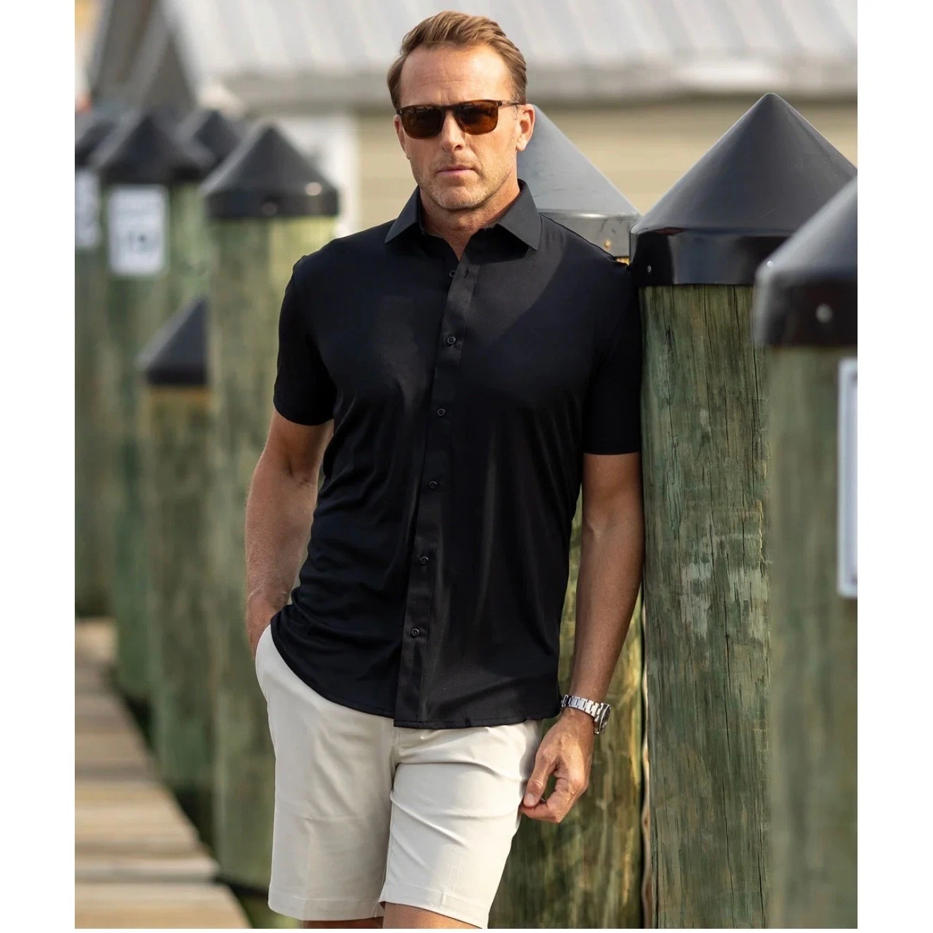 Collars & Co Mens Size Large Quattro Flex Short Sleeve Button Down Black NEW