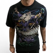 Vintage 1994 Liquid Blue All Over Wizard Print T-Shirt