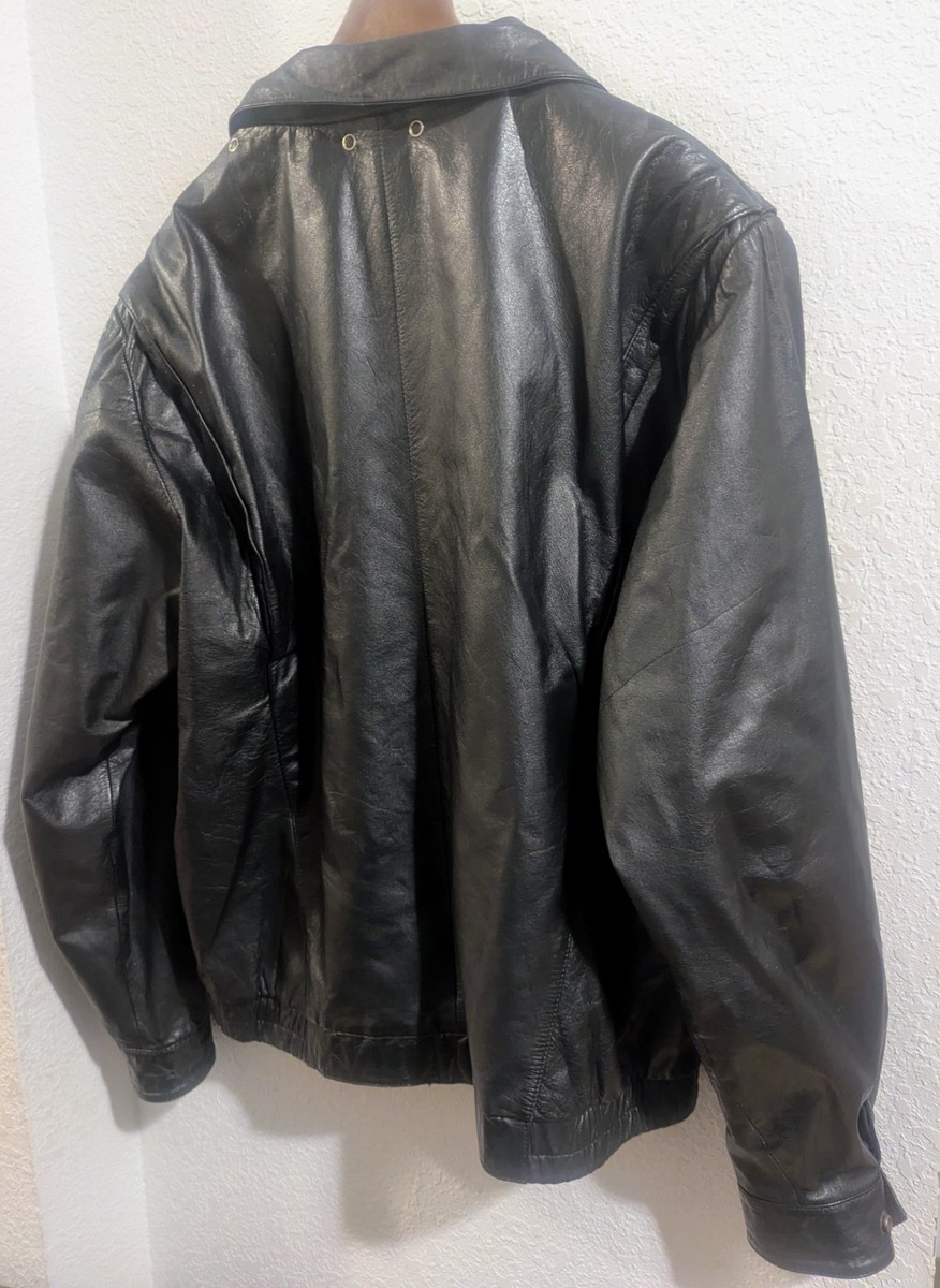 Vintage Rage Black Leather Retro Bomber Jacket Men's 44 Zip Front