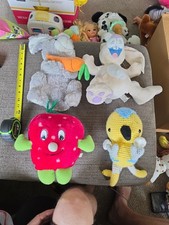 Lot Bundle Of 4. Stuffed Animals. 2 Bunnies, Crochet bird, Happy Apple.