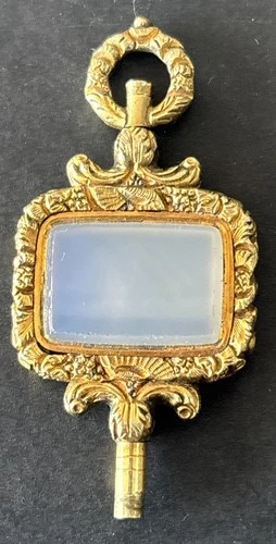 Antique Victorian Gold Filled Floral Repousse Agate Pocket Watch Key Fob Pendant