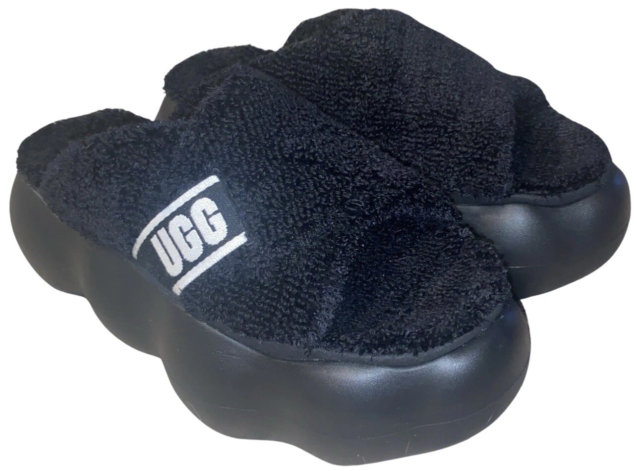 UGG SANDALI SLIDE CIABATTE PLATEAU 3" SPUGNA NERA SUGARCLOUD US 8 EUR 39 NUOVI!