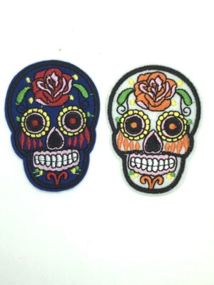 pair of Sugar Skull  iron on Patch  Mexican Day of the Dead 2x2.75 inches