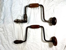 Two Vintage Antique Bit Brace Hand Crank Drills with wooden handles