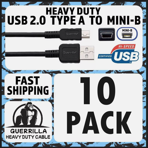10 PACK! Heavy Duty Guerrilla USB 2.0 Type A to Mini-B Cable Data & Charger Cord