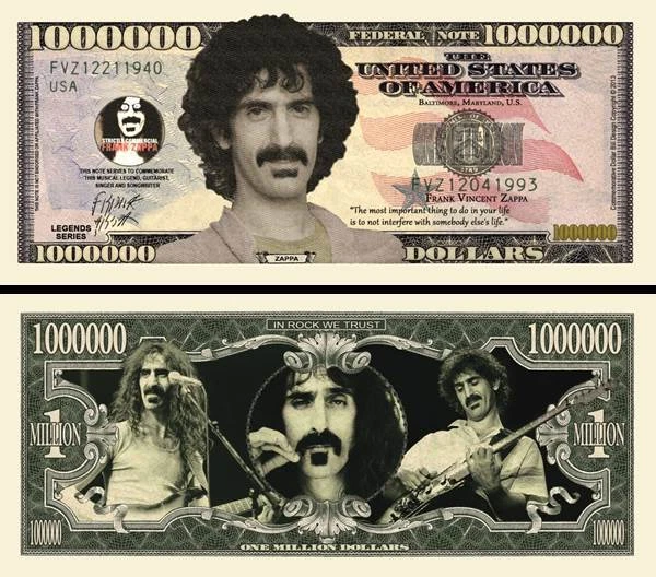 Frank Zappa Million Dollar Bill Play Funny Money Novelty Note + FREE SLEEVE