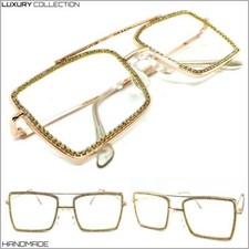 Classy Elegant Modern Clear Lens EYE GLASSES Gold Metal Frame Bling Rhinestones