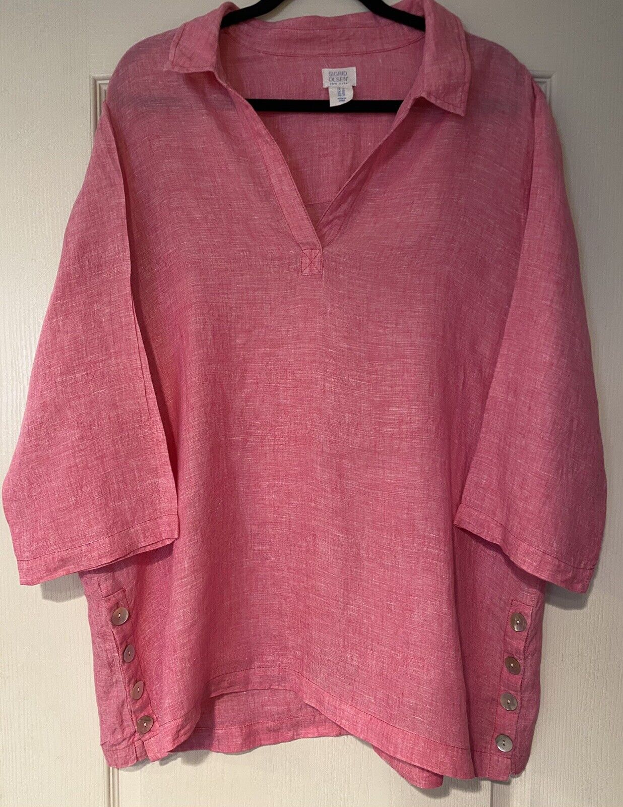 SIGRID OLSEN 1X 100% Linen Pink Blouse 3/4 Sleeve Wood Buttons TOP | eBay