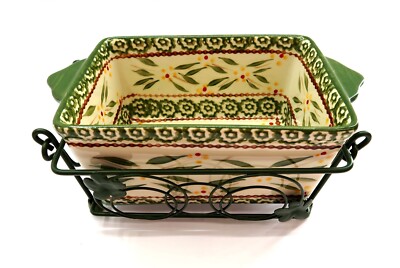 TEMPTATIONS Old World Green 1 Qt Casserole Dish with Metal Rack and Trivet