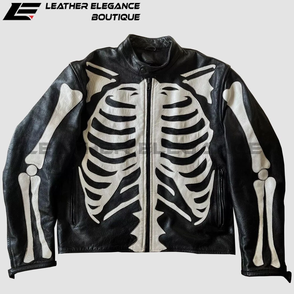 Men's Bones Biker Punk Rock Vintage Motorcycle Men's Skeleton Leather Jacket