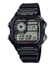 Casio AE-1200WH-1A Digital Stopwatch World Time Black Resin Mens 10 Year Battery