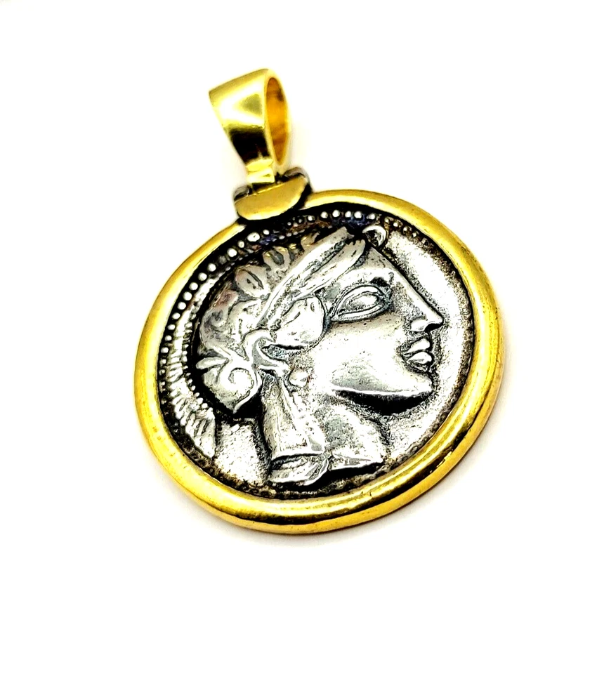 Moneda Griega Búho Atenea Tetradracma Plata de Ley 925 Colgante Dos Tonos Foto 3 de 4